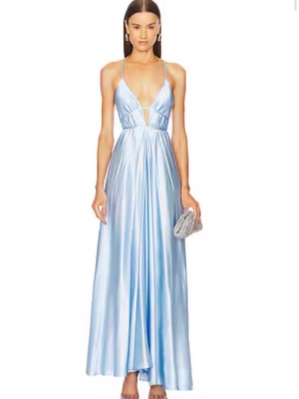 Light Blue Satin Plunge Maxi Dress with Spaghetti Straps
